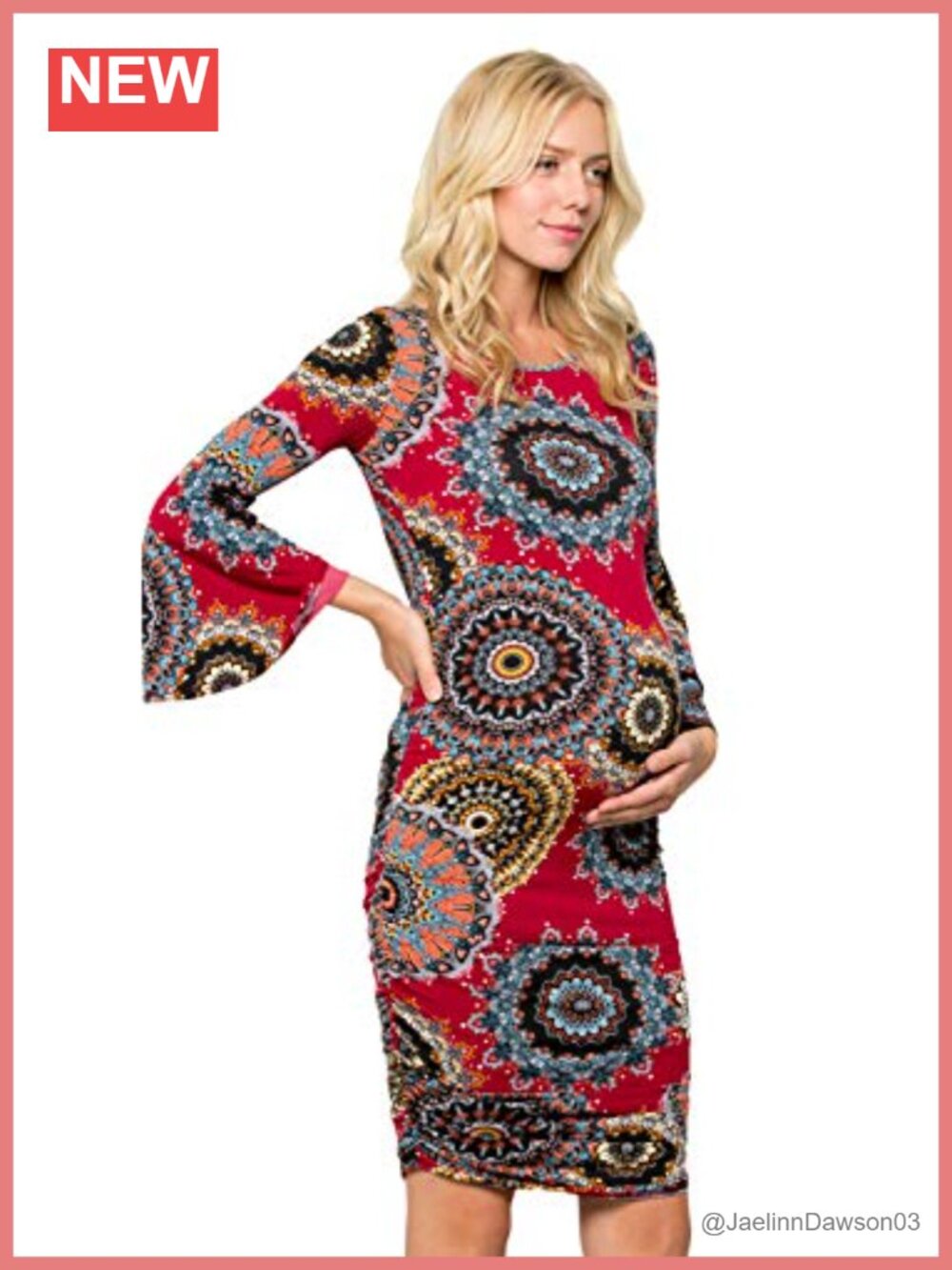 Maternity Dress Floral Bell Sleeve Ruched Fitted Stretch Slim Knee Length Baby